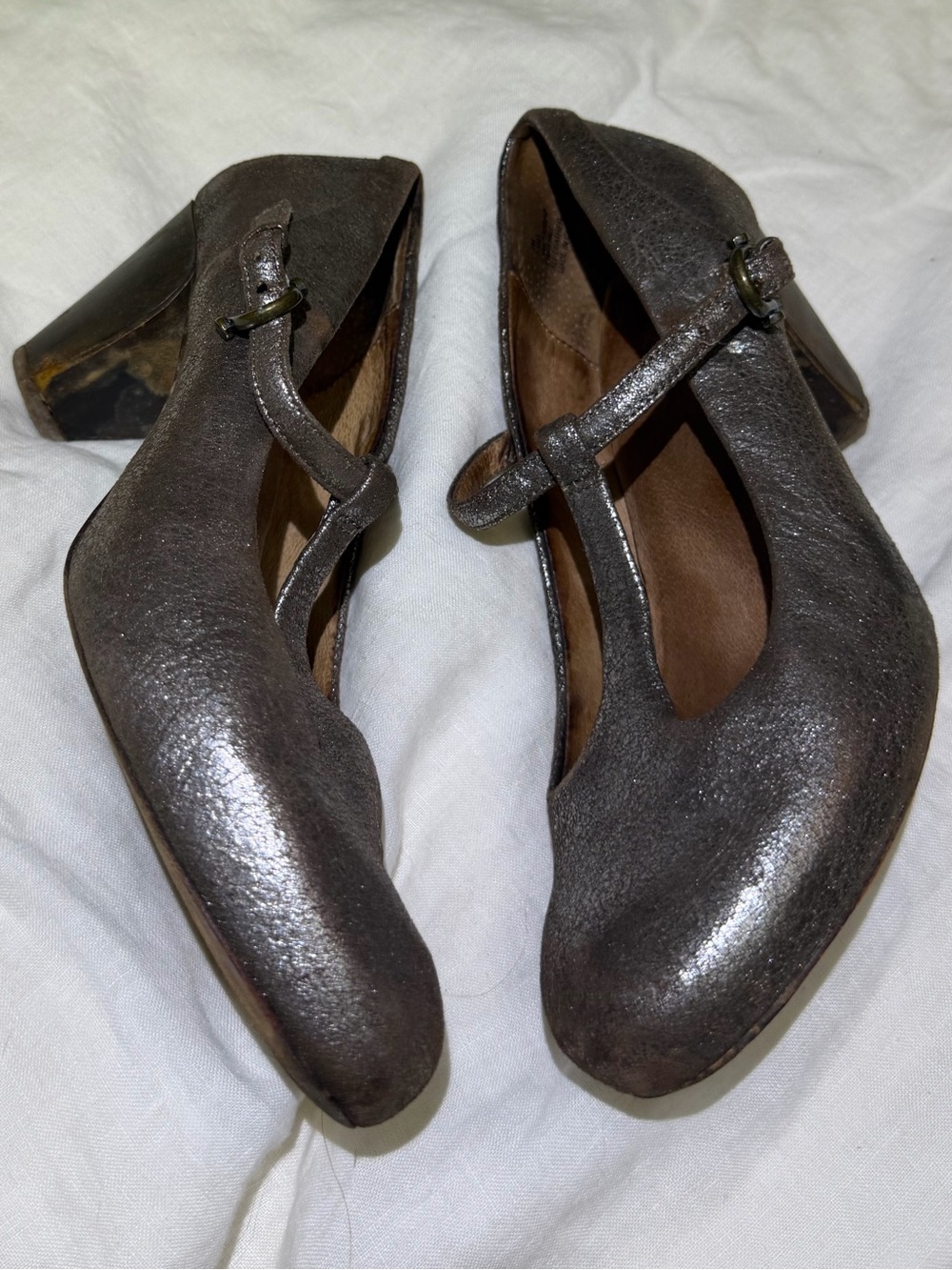 Frye Sara Metallic Gray Leather Mary Jane Block Heel Pumps